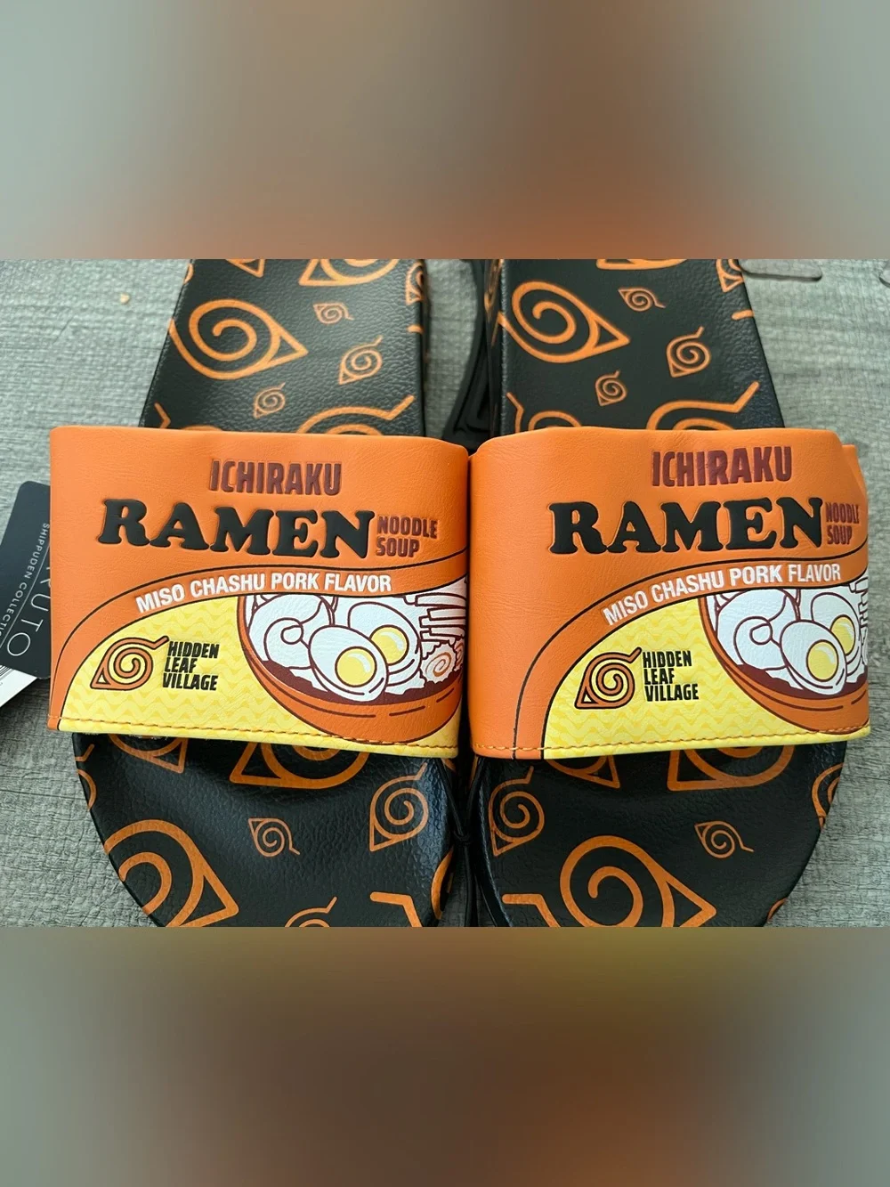 Naruto Ichiraku Ramen Men's Slide Sandals Black Orange Yellow Logo Slip-On